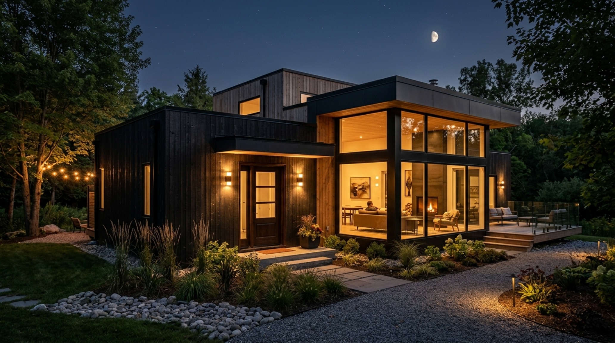 Atmospheric evening shot of a prefab home exterior with warm 2700K lighting washing over charred cedar siding. Atmospheric evening shot of a prefab home exterior with warm 2700K lighting washing over charred cedar siding.