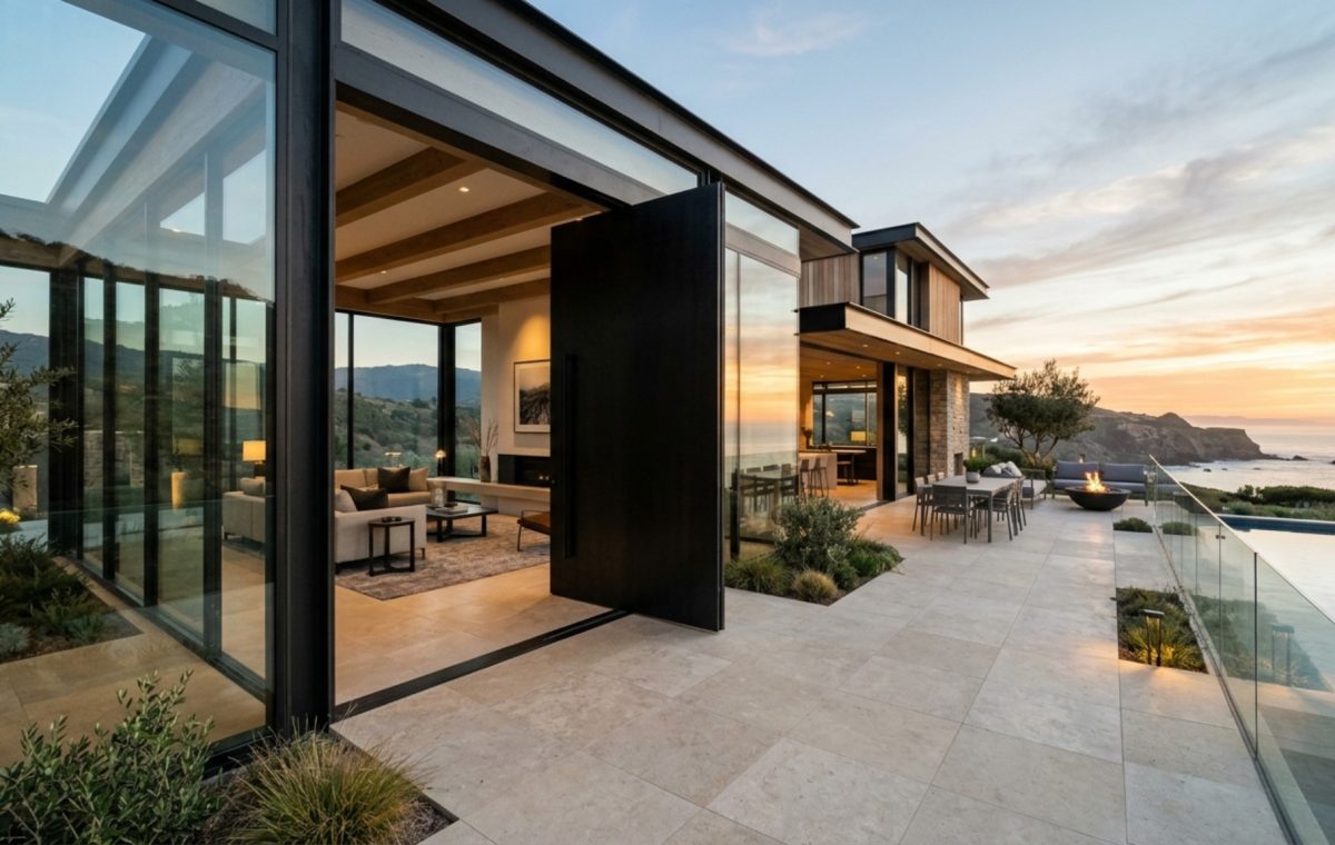modern million dollar home designs ideas featuring a grand pivot door entrance with floor-to-ceiling glass and seamless limestone flooring