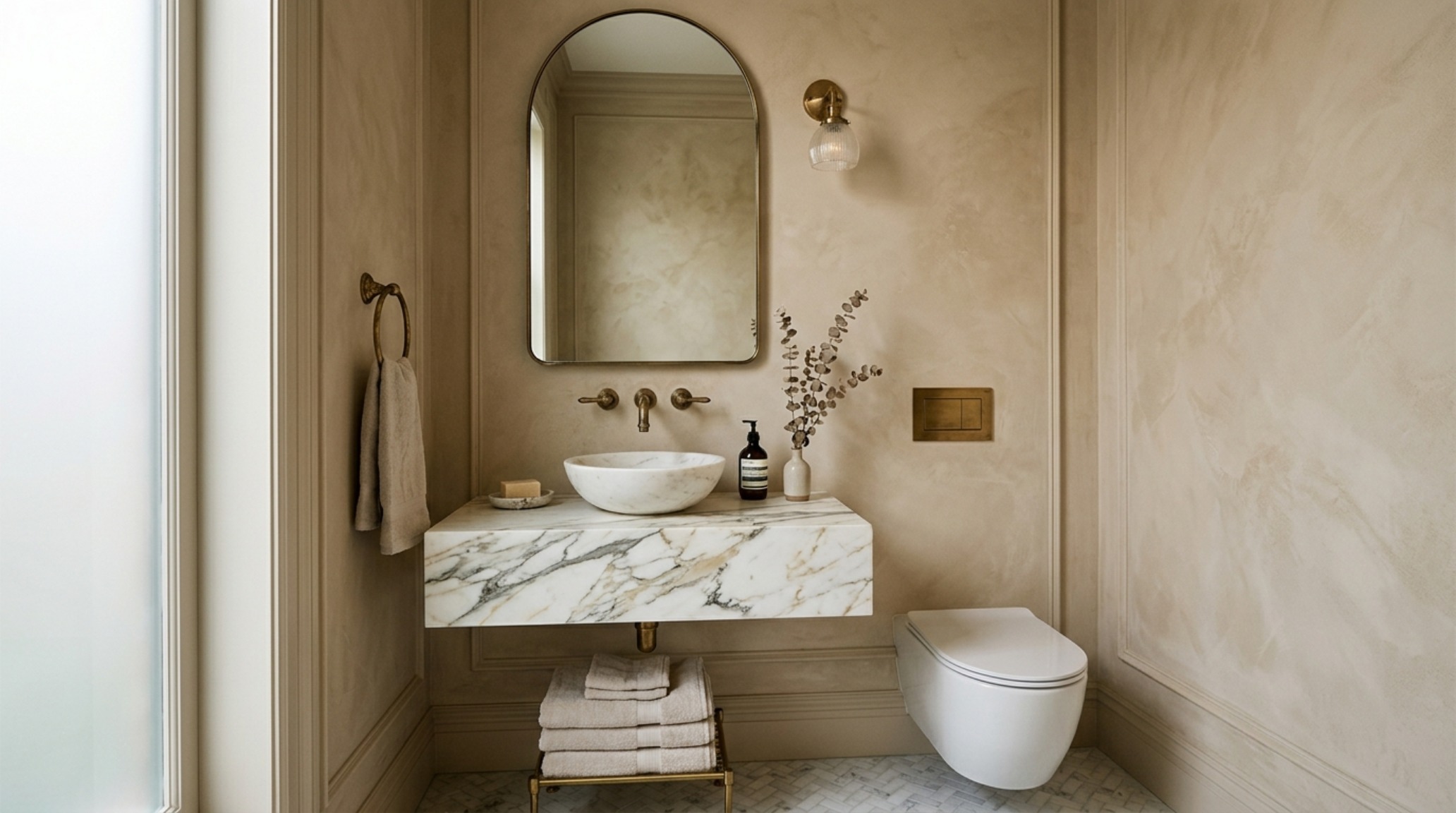 small space million dollar home designs featuring a floating marble vanity and integrated brass plumbing in a jewel-box powder room small space million dollar home designs featuring a floating marble vanity and integrated brass plumbing in a jewel-box powder room