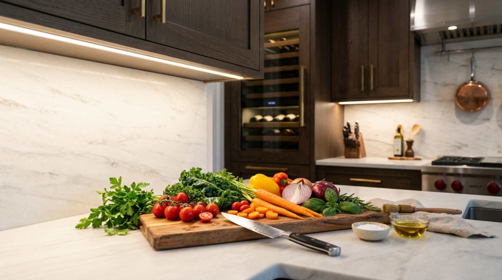 million dollar home designs lighting guide showing high CRI task lighting in a gourmet kitchen with book-matched marble backsplashes million dollar home designs lighting guide showing high CRI task lighting in a gourmet kitchen with book-matched marble backsplashes