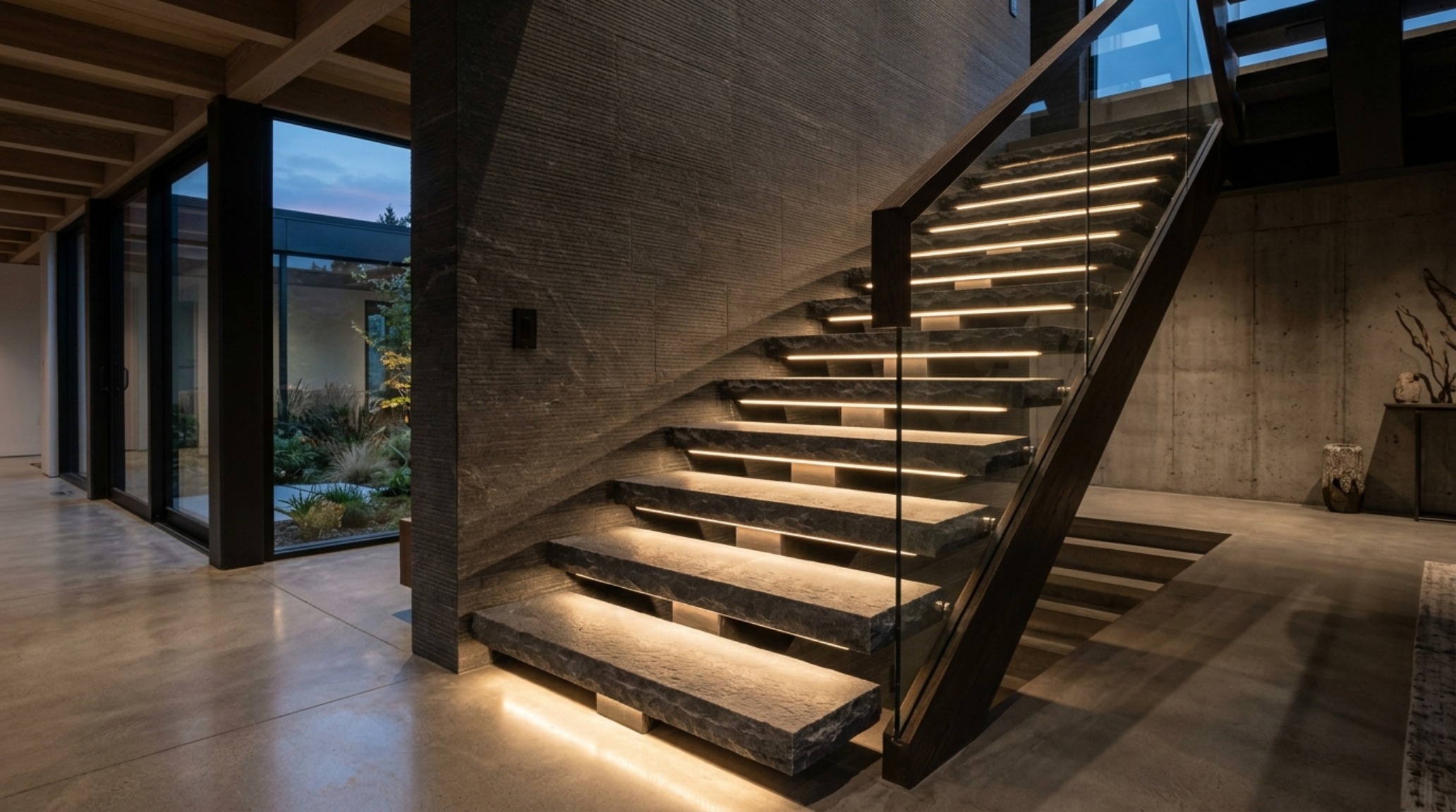 modern million dollar home designs ideas displaying a minimalist sculptural staircase with integrated LED step lighting and steel handrails modern million dollar home designs ideas displaying a minimalist sculptural staircase with integrated LED step lighting and steel handrails