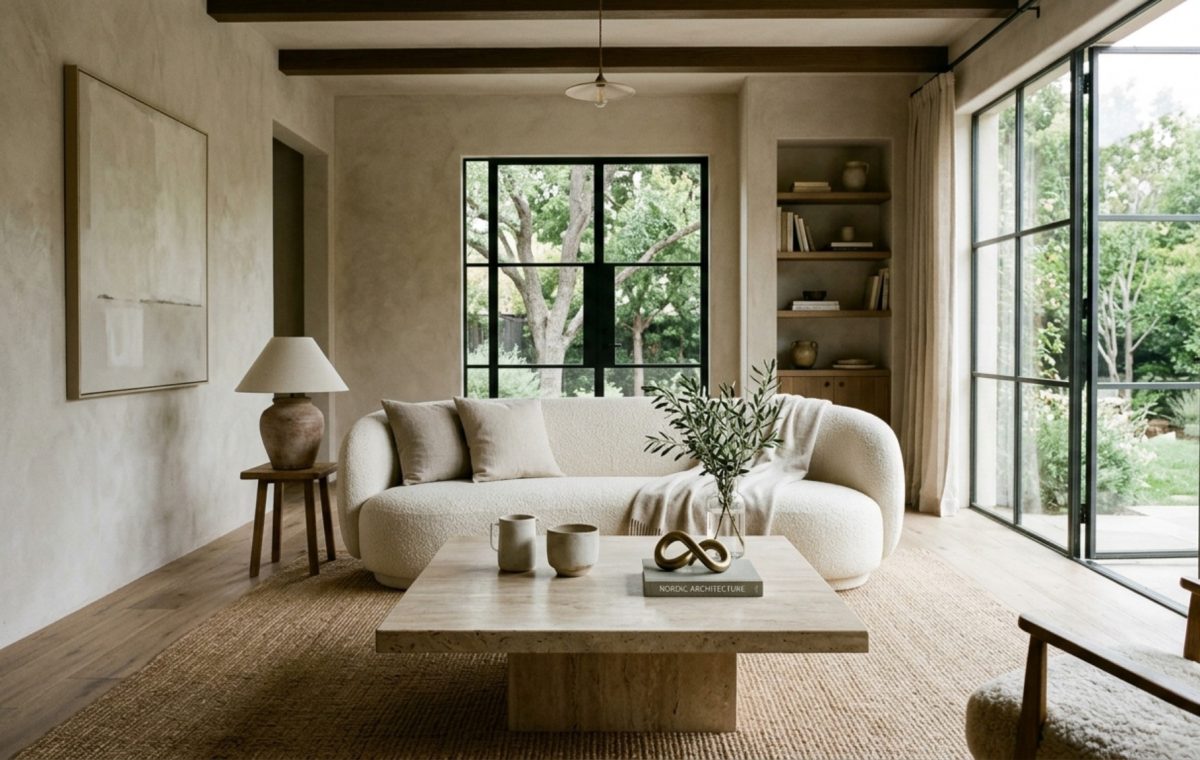 Luxury minimalist furnitures textures showcased in a low-profile bouclé sofa and a solid travertine coffee table with soft morning side-lighting.