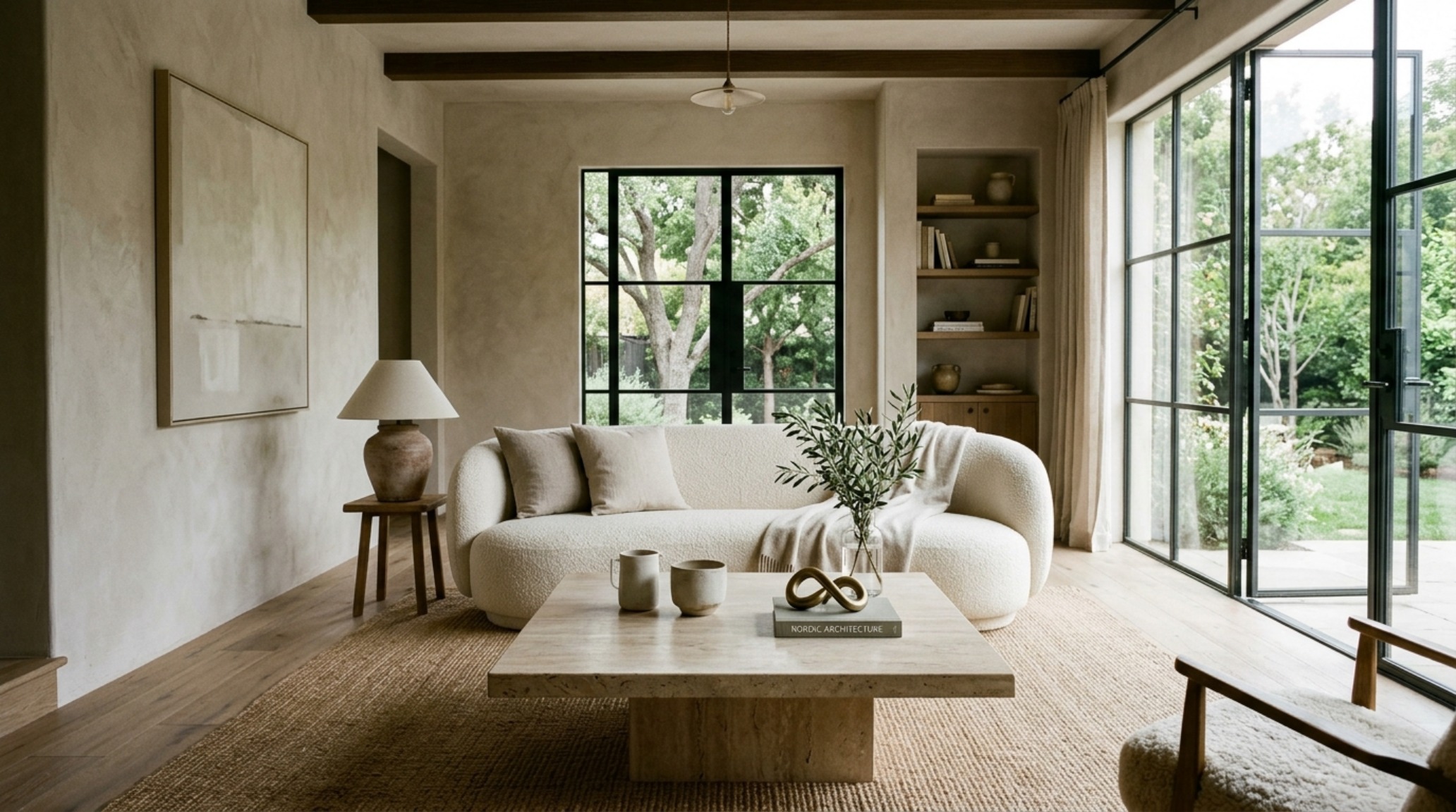Luxury minimalist furnitures textures showcased in a low-profile bouclé sofa and a solid travertine coffee table with soft morning side-lighting. Luxury minimalist furnitures textures showcased in a low-profile bouclé sofa and a solid travertine coffee table with soft morning side-lighting.