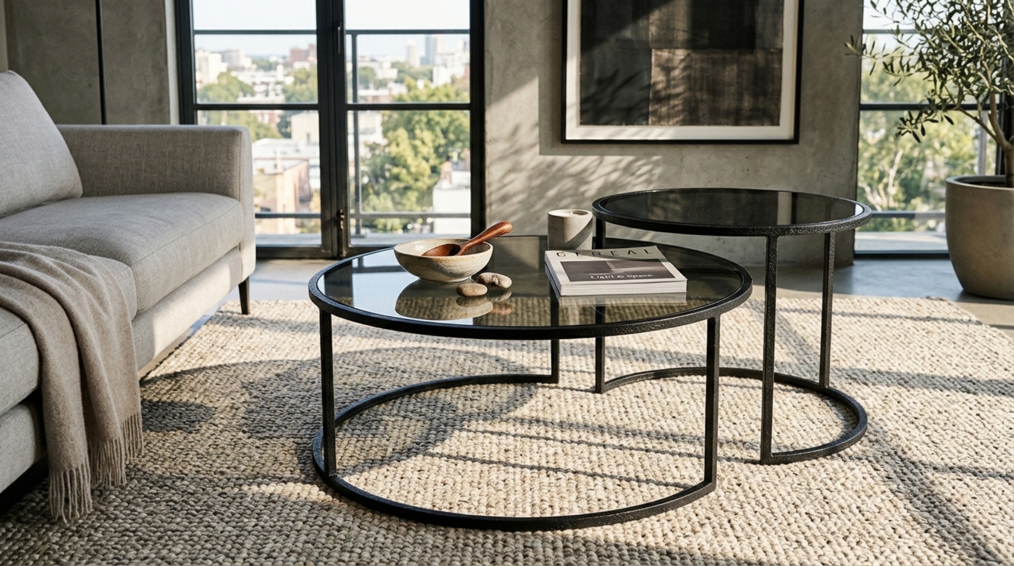 Small space minimalist furnitures featuring a compact nesting coffee table set in blackened steel and smoked glass. Small space minimalist furnitures featuring a compact nesting coffee table set in blackened steel and smoked glass.