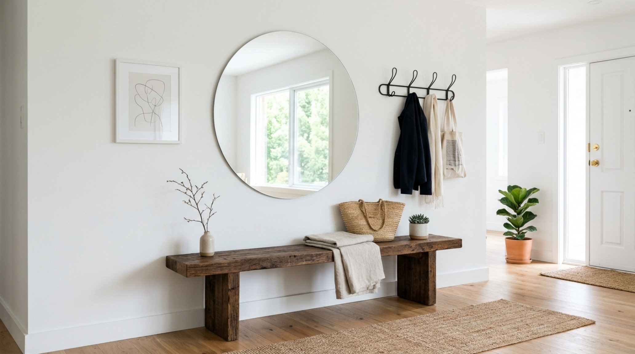 Modern minimalist furnitures ideas for an entryway with a simple bench in reclaimed timber and a large circular minimalist mirror. Modern minimalist furnitures ideas for an entryway with a simple bench in reclaimed timber and a large circular minimalist mirror.