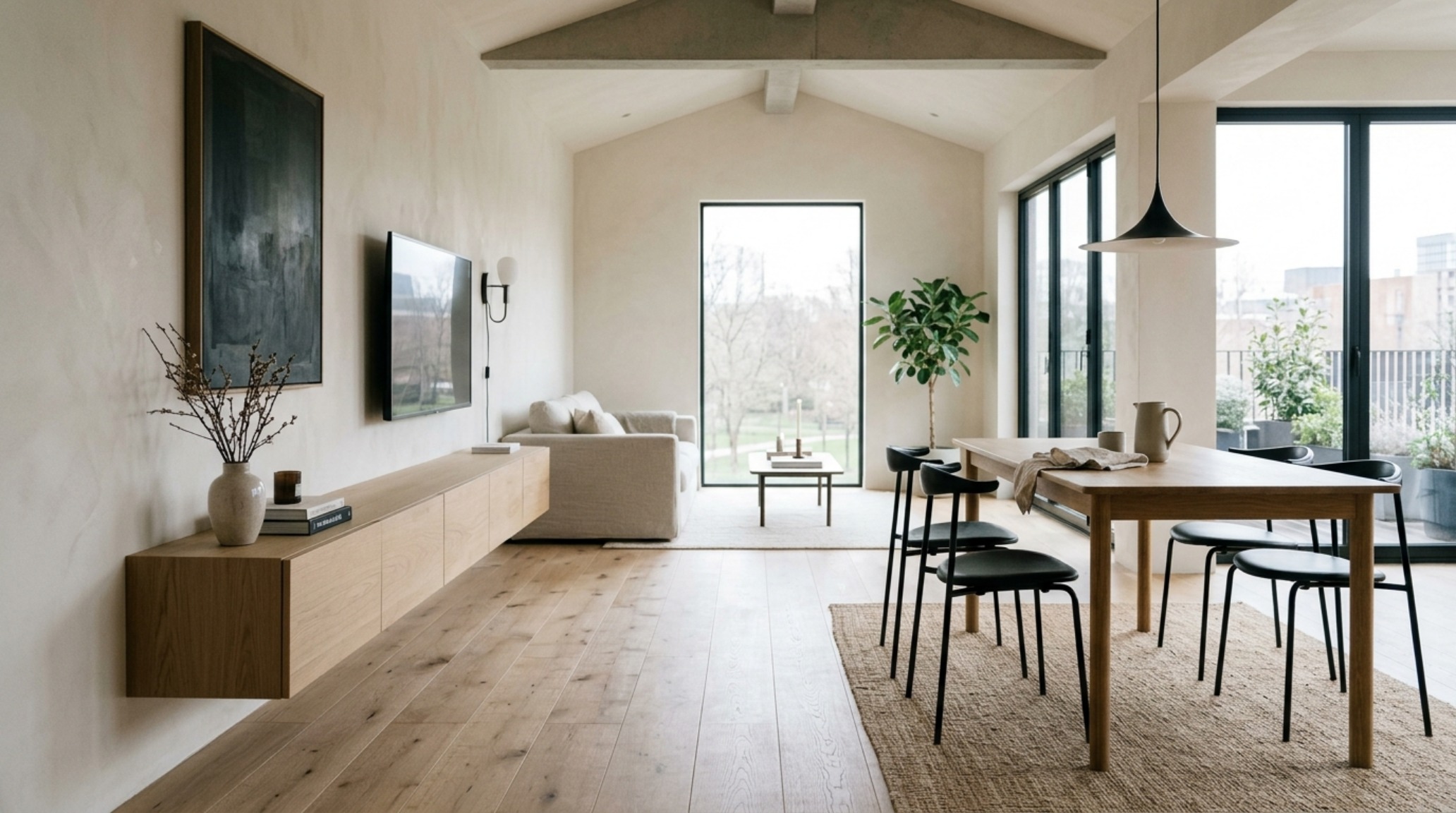 Small space minimalist furnitures featuring a floating white oak console and slim-profile dining chairs to maximize floor visibility and circulation. Small space minimalist furnitures featuring a floating white oak console and slim-profile dining chairs to maximize floor visibility and circulation.