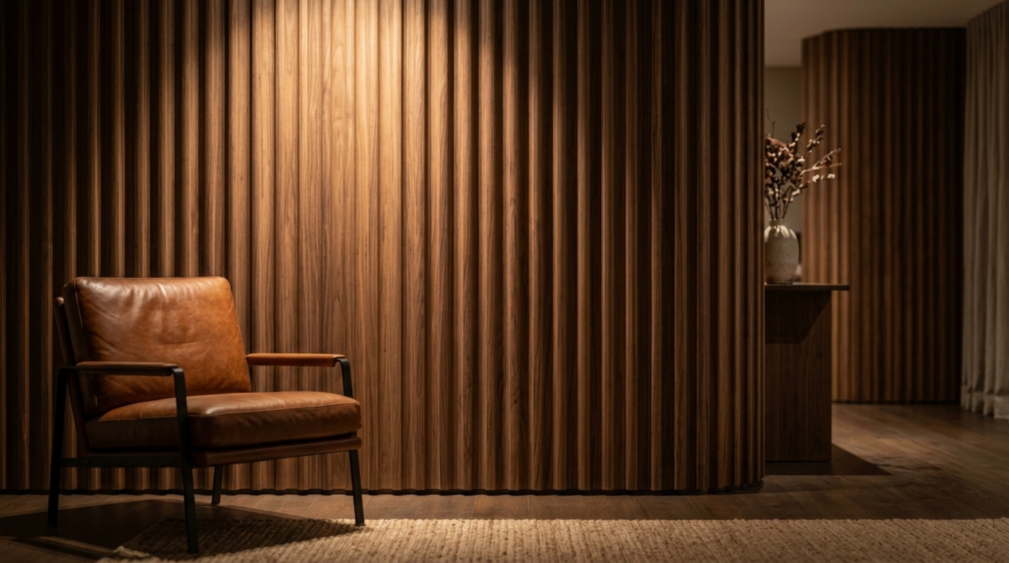 Minimalist furnitures lighting guide illustrated by 2700K warm recessed pinhole lights grazing a fluted wood wall behind a neutral lounge chair. Minimalist furnitures lighting guide illustrated by 2700K warm recessed pinhole lights grazing a fluted wood wall behind a neutral lounge chair.
