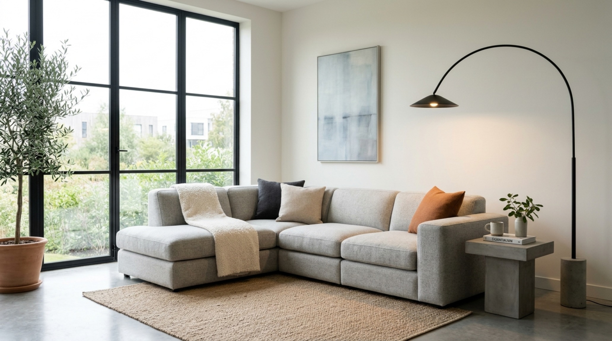 Modern minimalist furnitures ideas including a modular seating arrangement in light grey wool with a sculptural matte black floor lamp. Modern minimalist furnitures ideas including a modular seating arrangement in light grey wool with a sculptural matte black floor lamp.