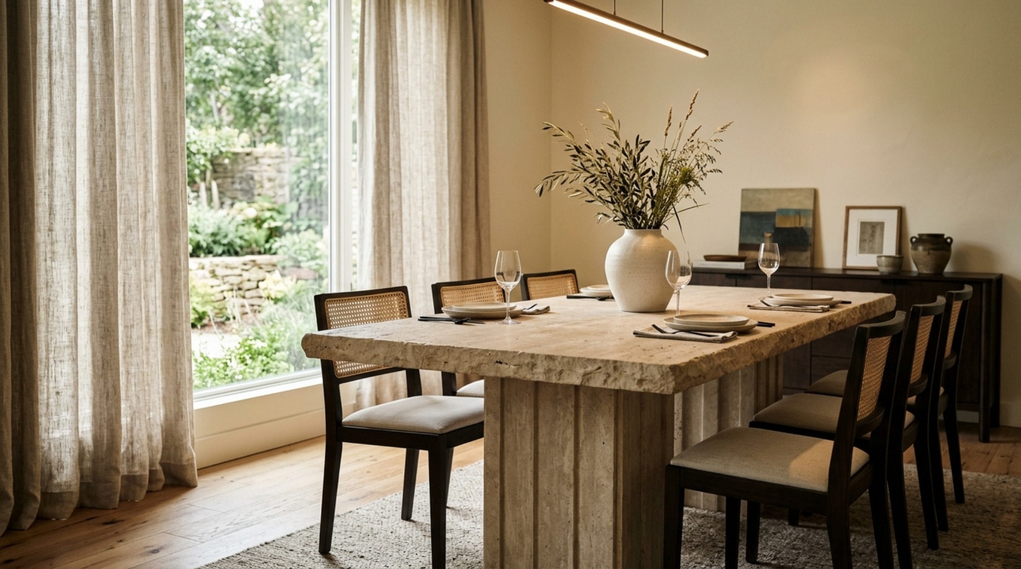 Luxury minimalist furnitures textures featuring raw Belgian linen drapes paired with a heavy monolithic limestone pedestal dining table. Luxury minimalist furnitures textures featuring raw Belgian linen drapes paired with a heavy monolithic limestone pedestal dining table.