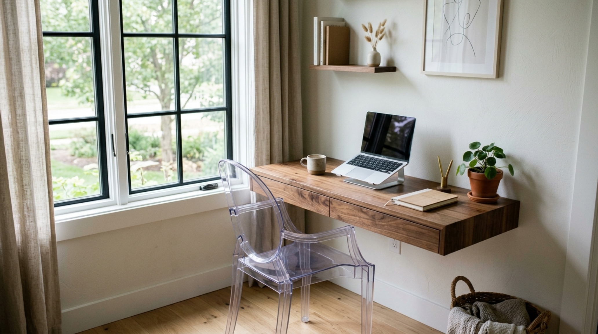 Small space minimalist furnitures including a wall-mounted walnut desk and a transparent acrylic chair to maintain clear architectural sightlines. Small space minimalist furnitures including a wall-mounted walnut desk and a transparent acrylic chair to maintain clear architectural sightlines.