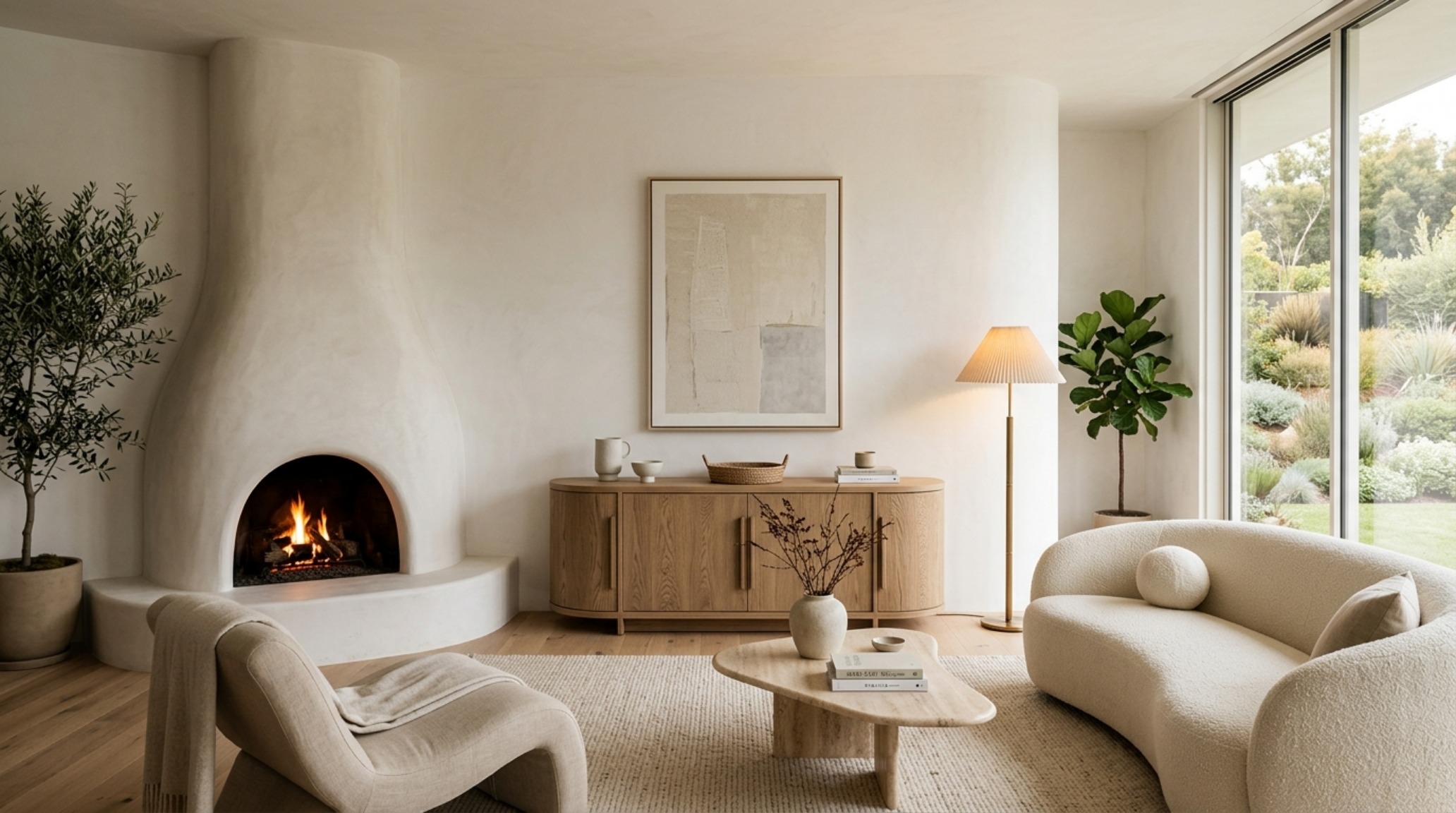 Modern minimalist furnitures ideas focusing on organic shapes with a curved plaster fireplace and a rounded oak credenza. Modern minimalist furnitures ideas focusing on organic shapes with a curved plaster fireplace and a rounded oak credenza.