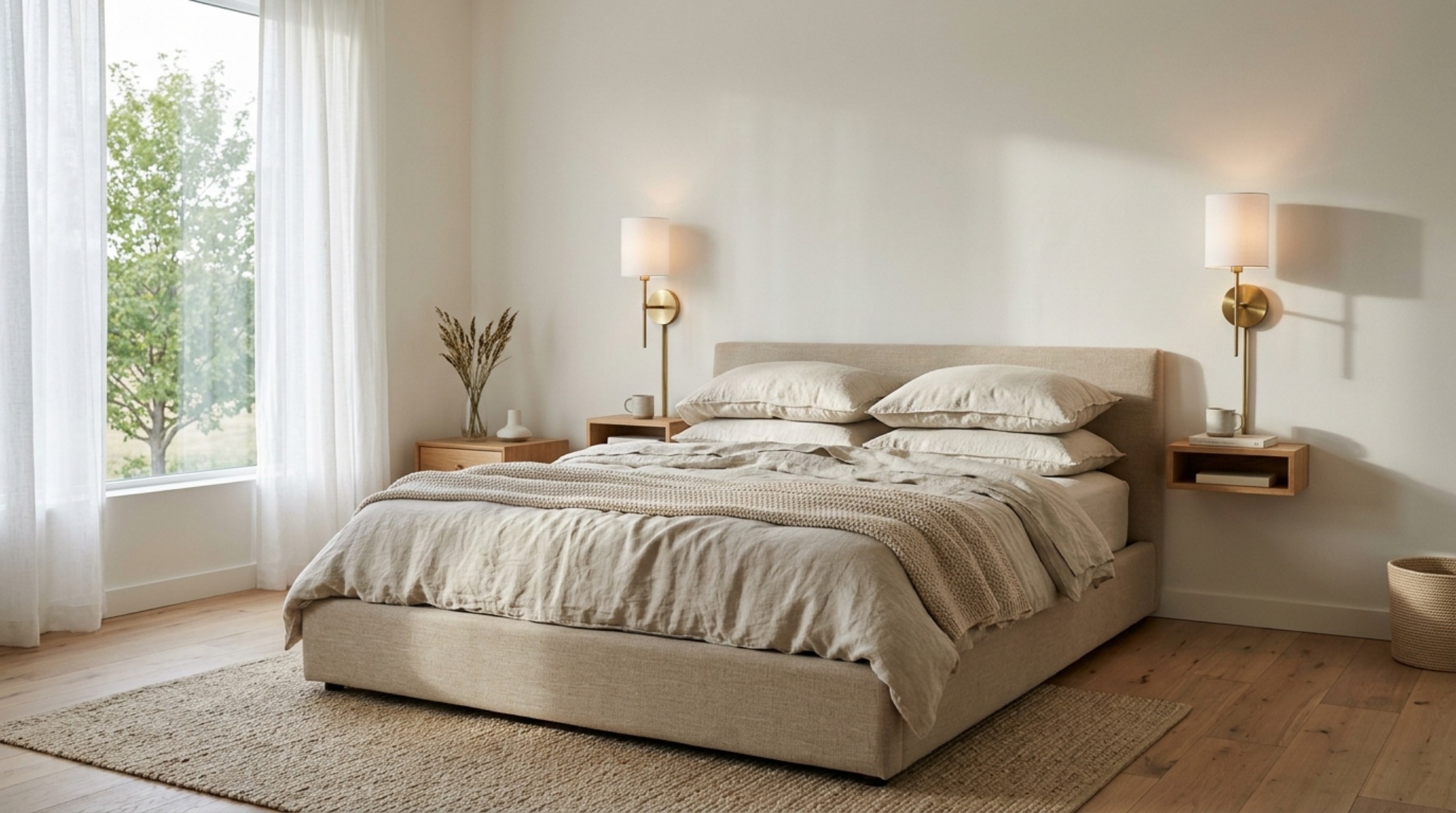 Luxury minimalist furnitures textures in a bedroom setting with a low-slung upholstered bed frame and brushed brass wall sconces. Luxury minimalist furnitures textures in a bedroom setting with a low-slung upholstered bed frame and brushed brass wall sconces.