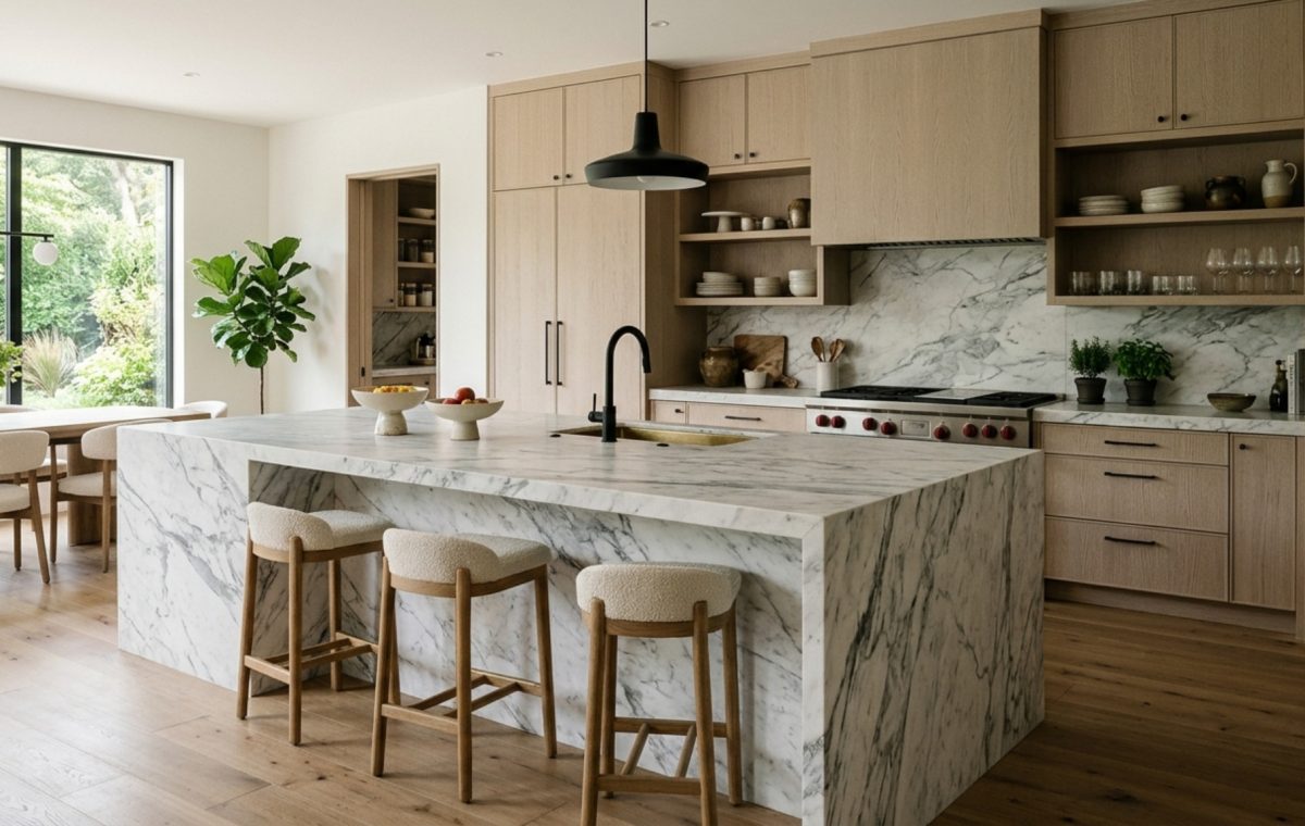 Luxury modern style kitchen textures featuring a monolithic honed Arabescato marble island paired with sandblasted white oak cabinetry and integrated brass details.