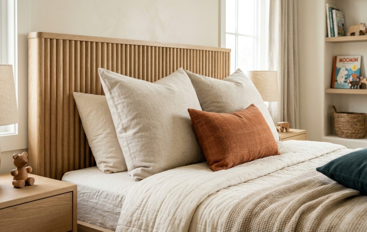 luxury modern bedroom furniture for kids textures featuring a fluted white oak bed frame and soft linen bedding in a sun-drenched room.