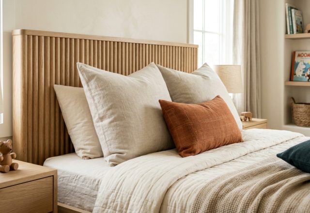luxury modern bedroom furniture for kids textures featuring a fluted white oak bed frame and soft linen bedding in a sun-drenched room.