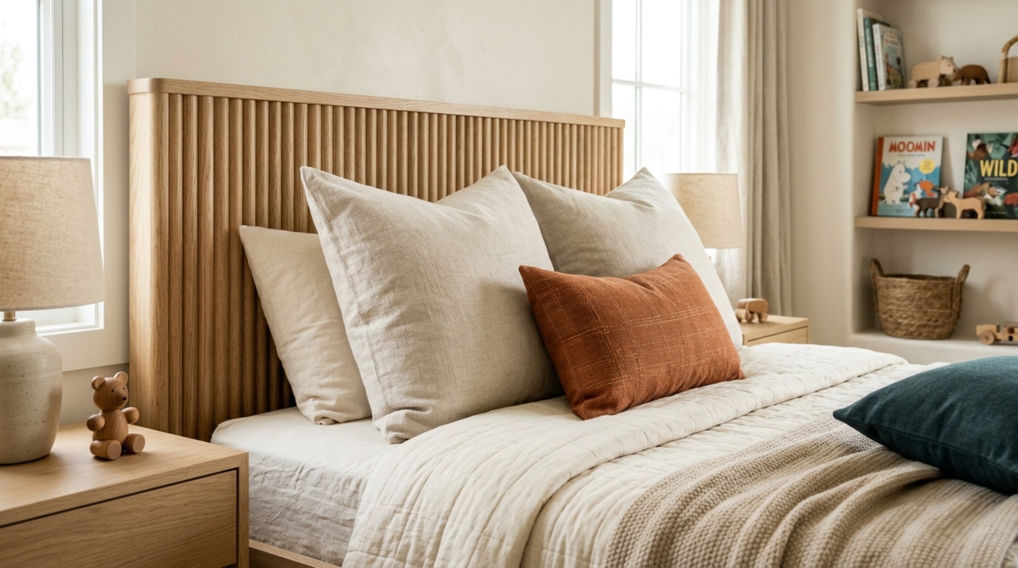 luxury modern bedroom furniture for kids textures featuring a fluted white oak bed frame and soft linen bedding in a sun-drenched room. luxury modern bedroom furniture for kids textures featuring a fluted white oak bed frame and soft linen bedding in a sun-drenched room.