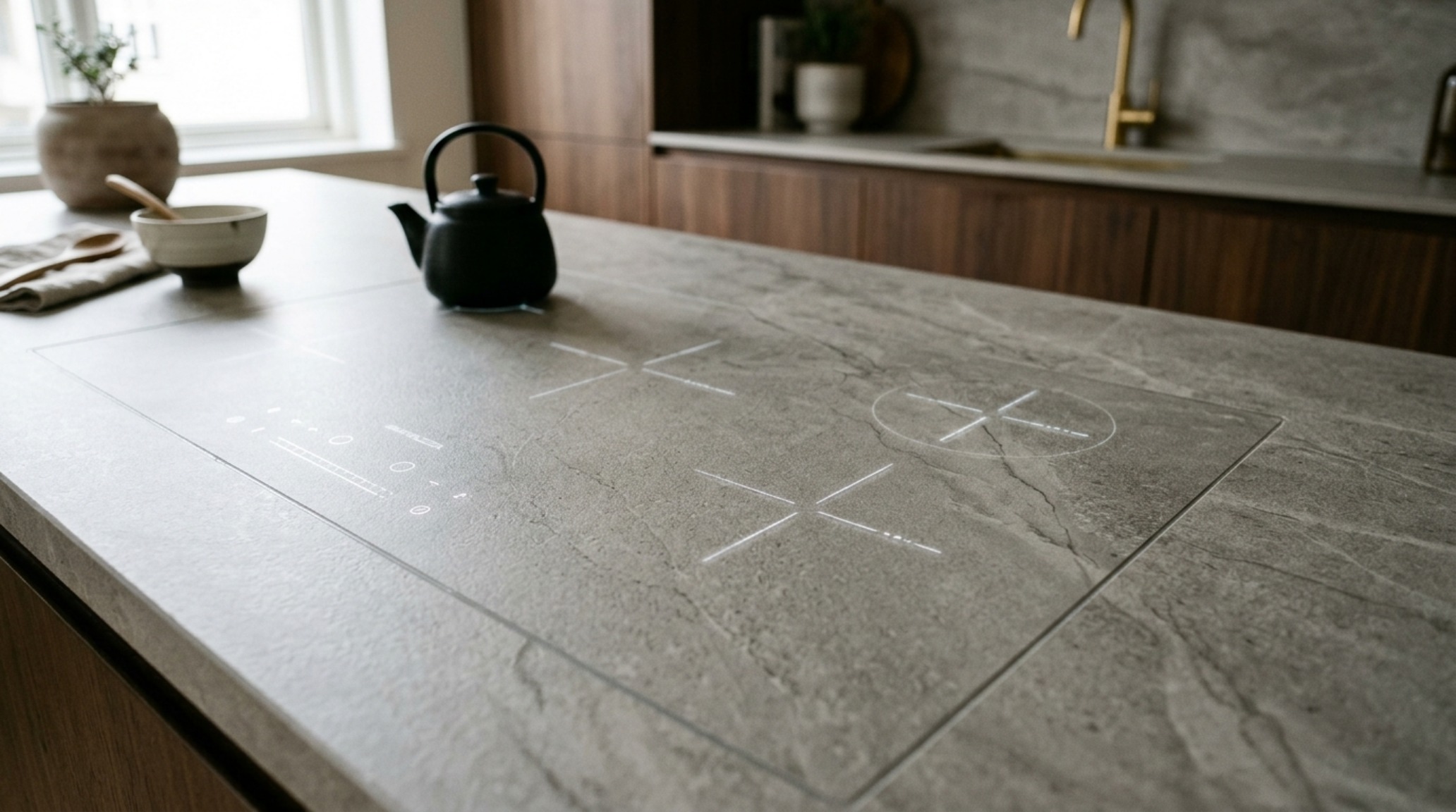 Modern modern style kitchen ideas showcasing a hidden induction cooktop integrated into a porcelain slab and a seamless downdraft ventilation system.