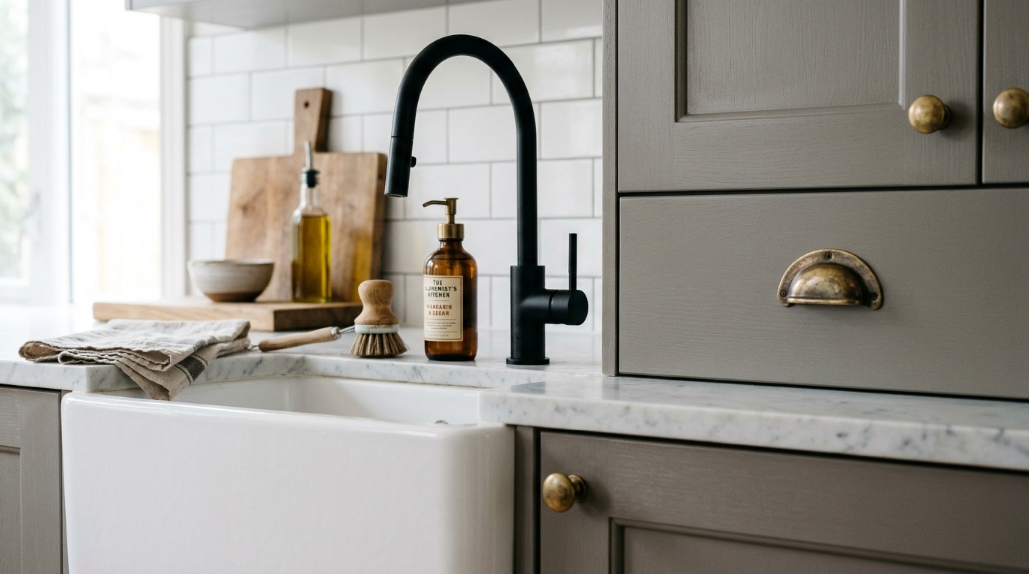 Modern modern style kitchen ideas with a curated mix of matte black hardware and unlacquered brass faucets for a sophisticated transitional aesthetic.