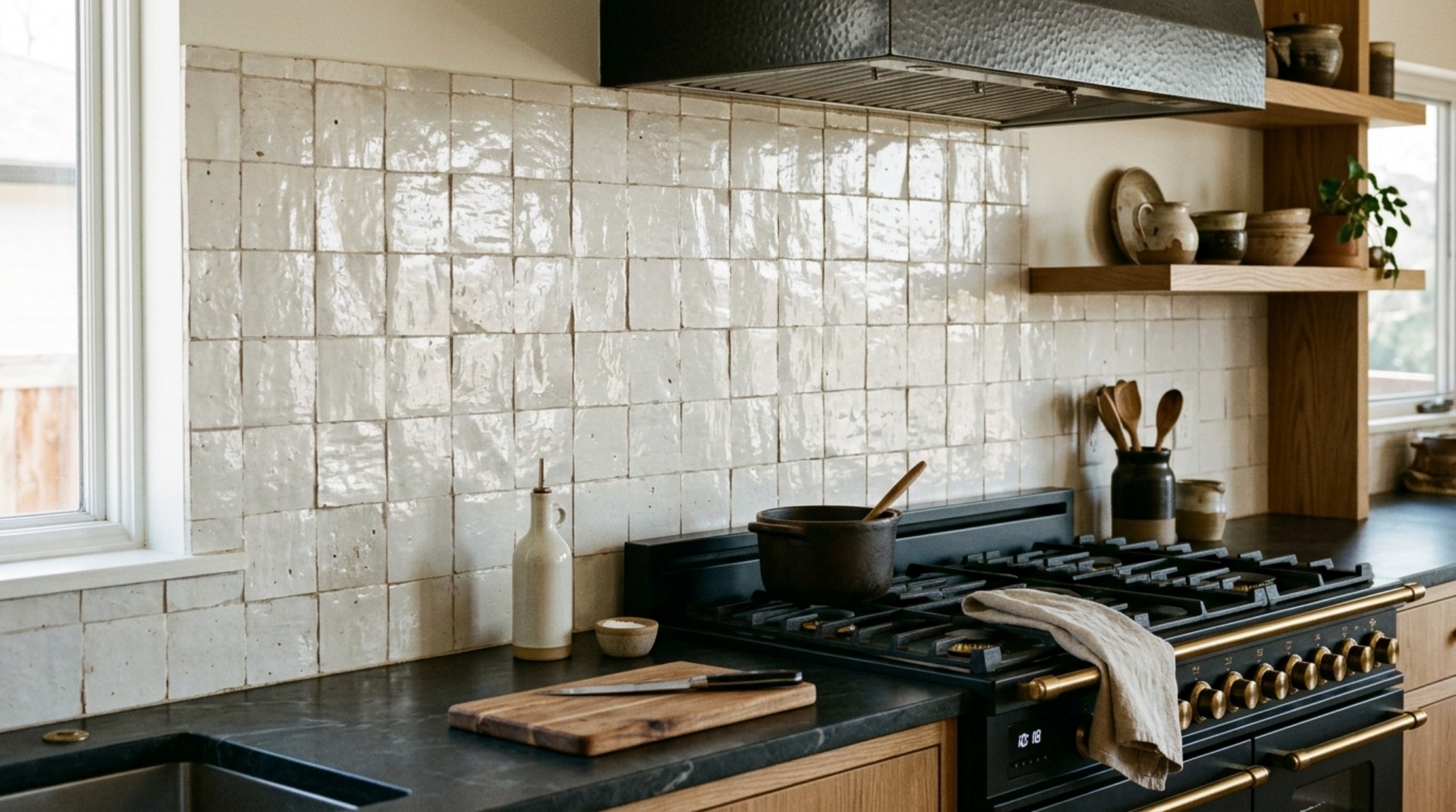 Luxury modern style kitchen textures of hand-glazed Zellige tiles creating a rhythmic shadow play against a matte charcoal range hood.