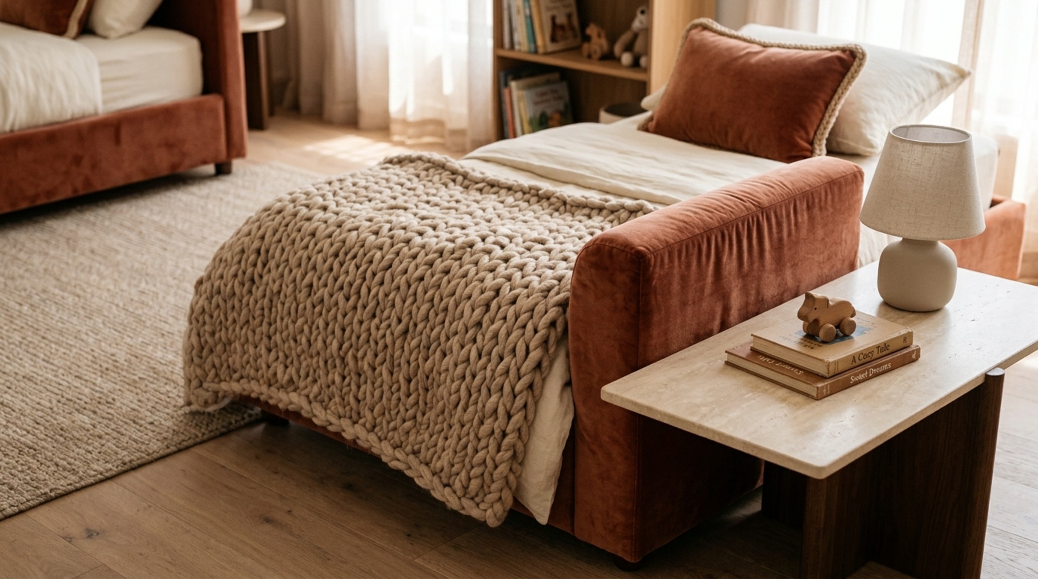 luxury modern bedroom furniture for kids textures displayed through a hand-knotted wool rug and velvet headboard in Setting Plaster pink. luxury modern bedroom furniture for kids textures displayed through a hand-knotted wool rug and velvet headboard in Setting Plaster pink.