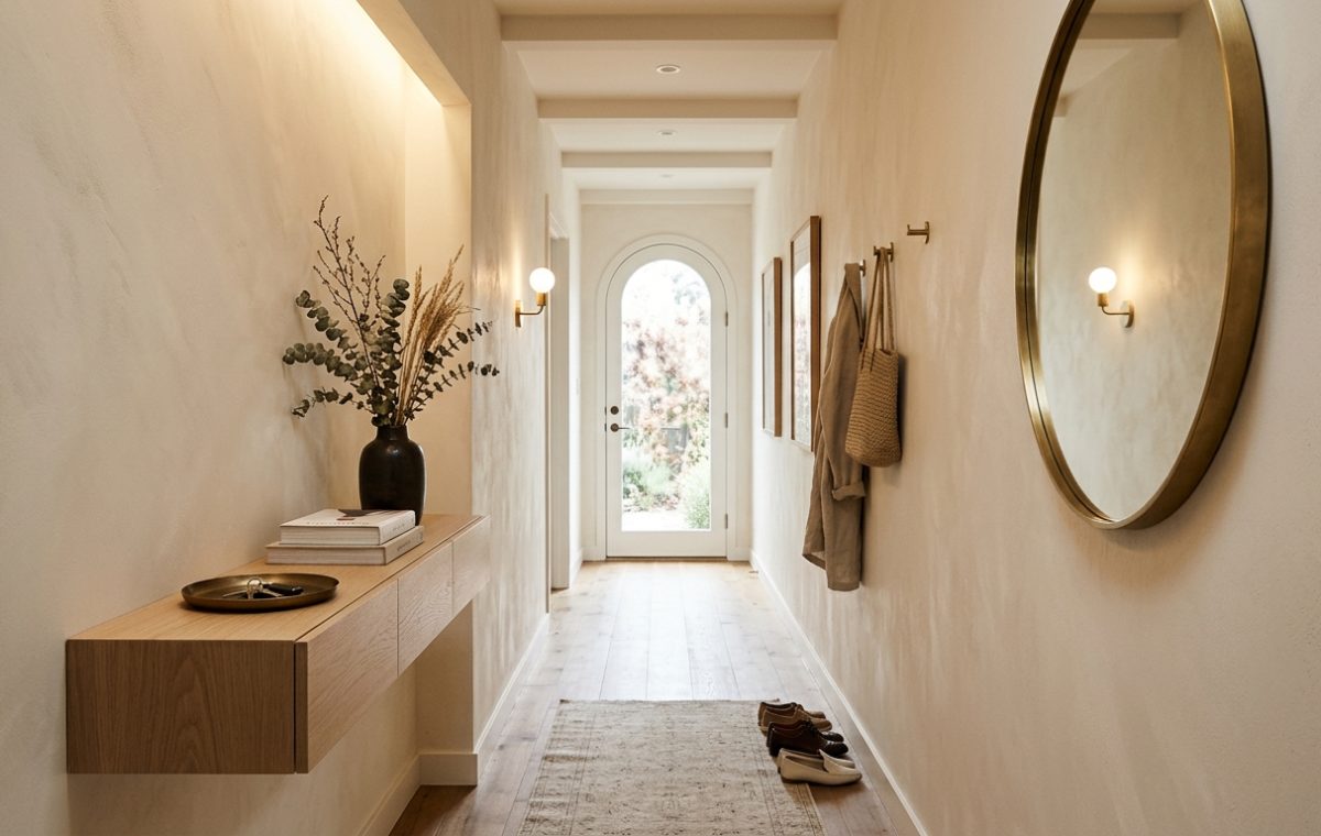 A luxury narrow entryway featuring a floating white oak console and Benjamin Moore Swiss Coffee limewash walls with 2700K warm lighting.