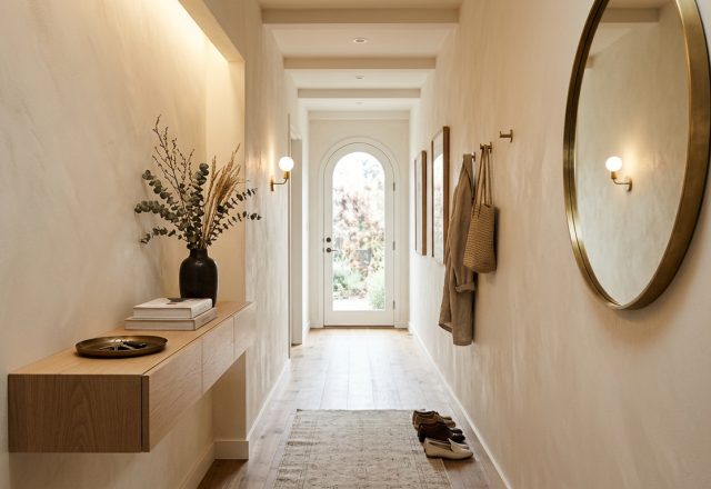 A luxury narrow entryway featuring a floating white oak console and Benjamin Moore Swiss Coffee limewash walls with 2700K warm lighting.