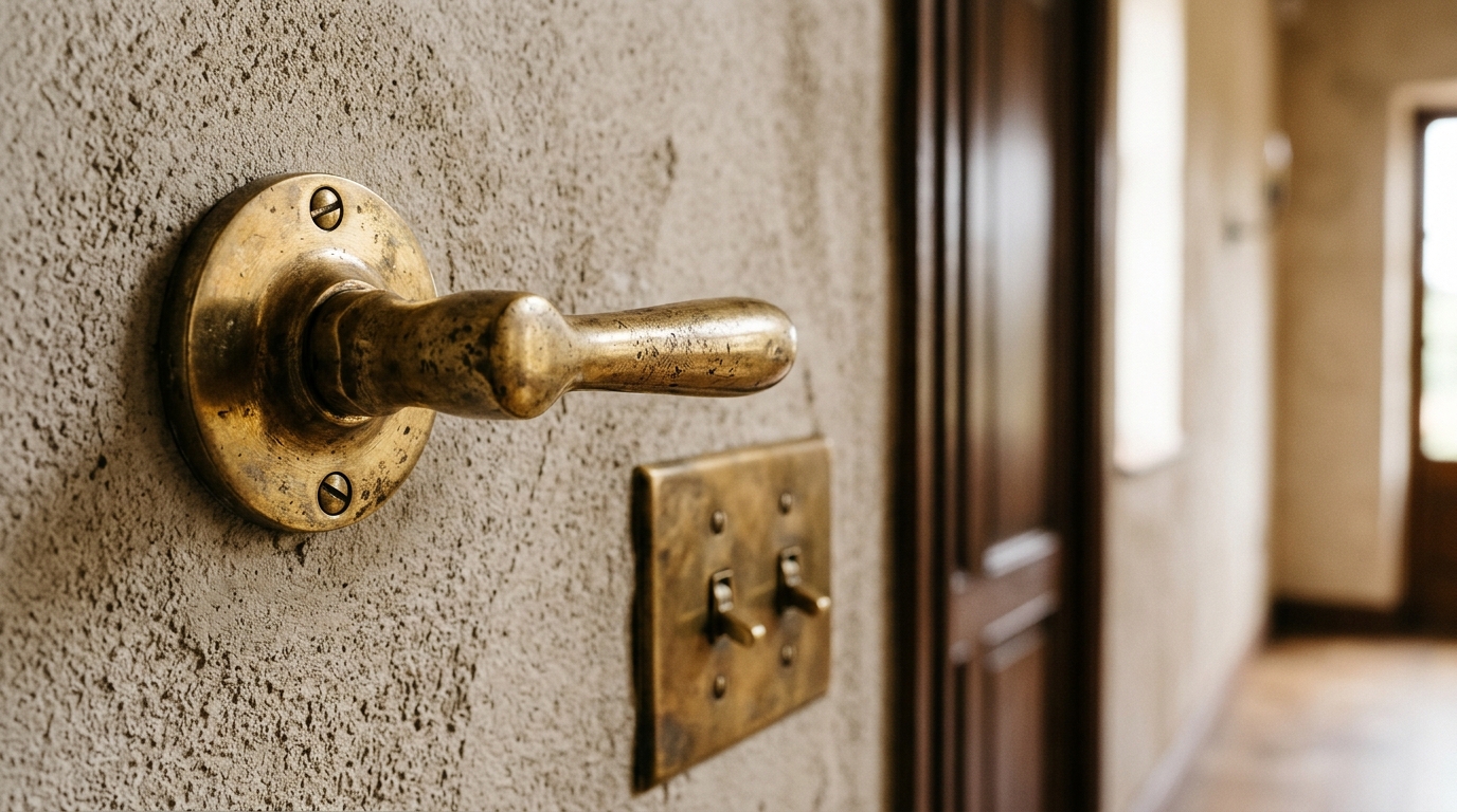Detail shot of unlacquered brass hardware and a fluted oak door handle in a designer hallway.