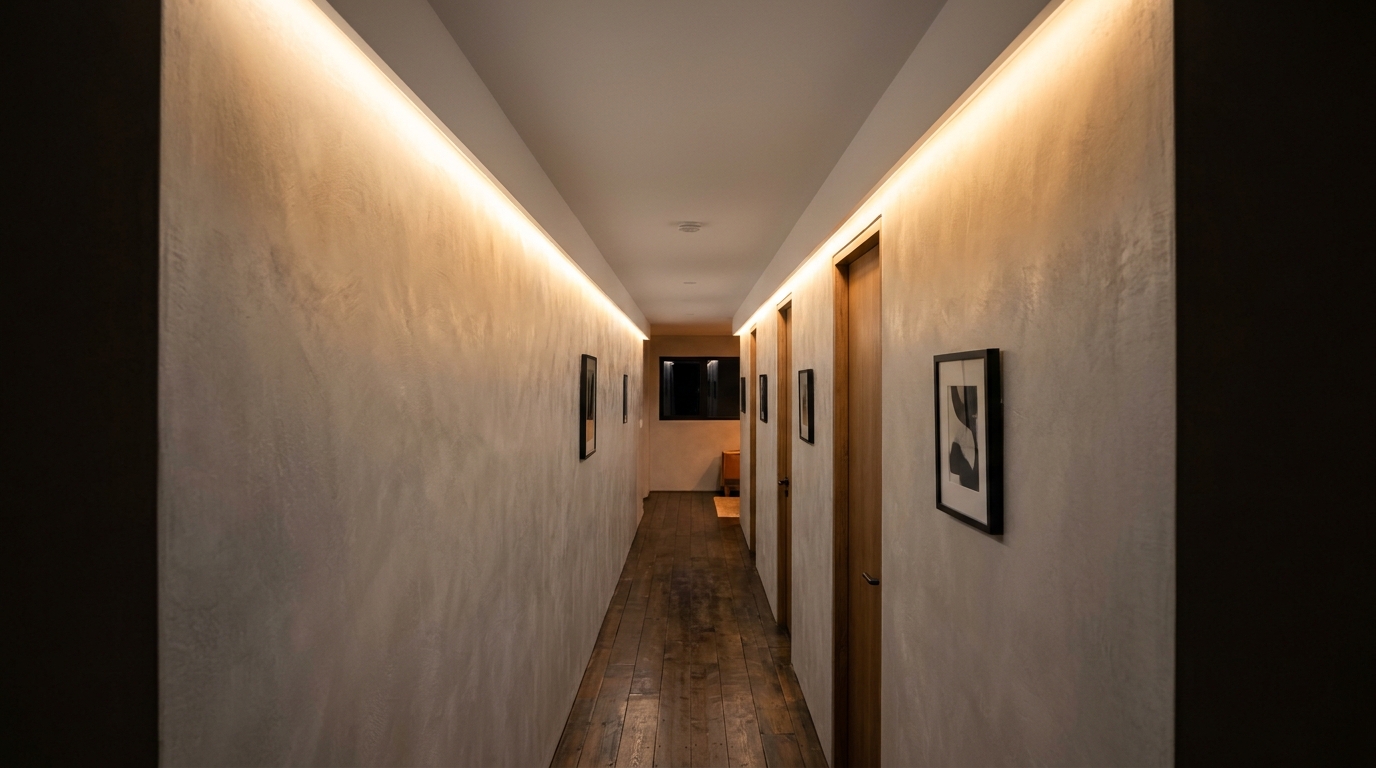 Narrow entryway ideas lighting guide illustration showing hidden LED cove lighting along the ceiling perimeter.