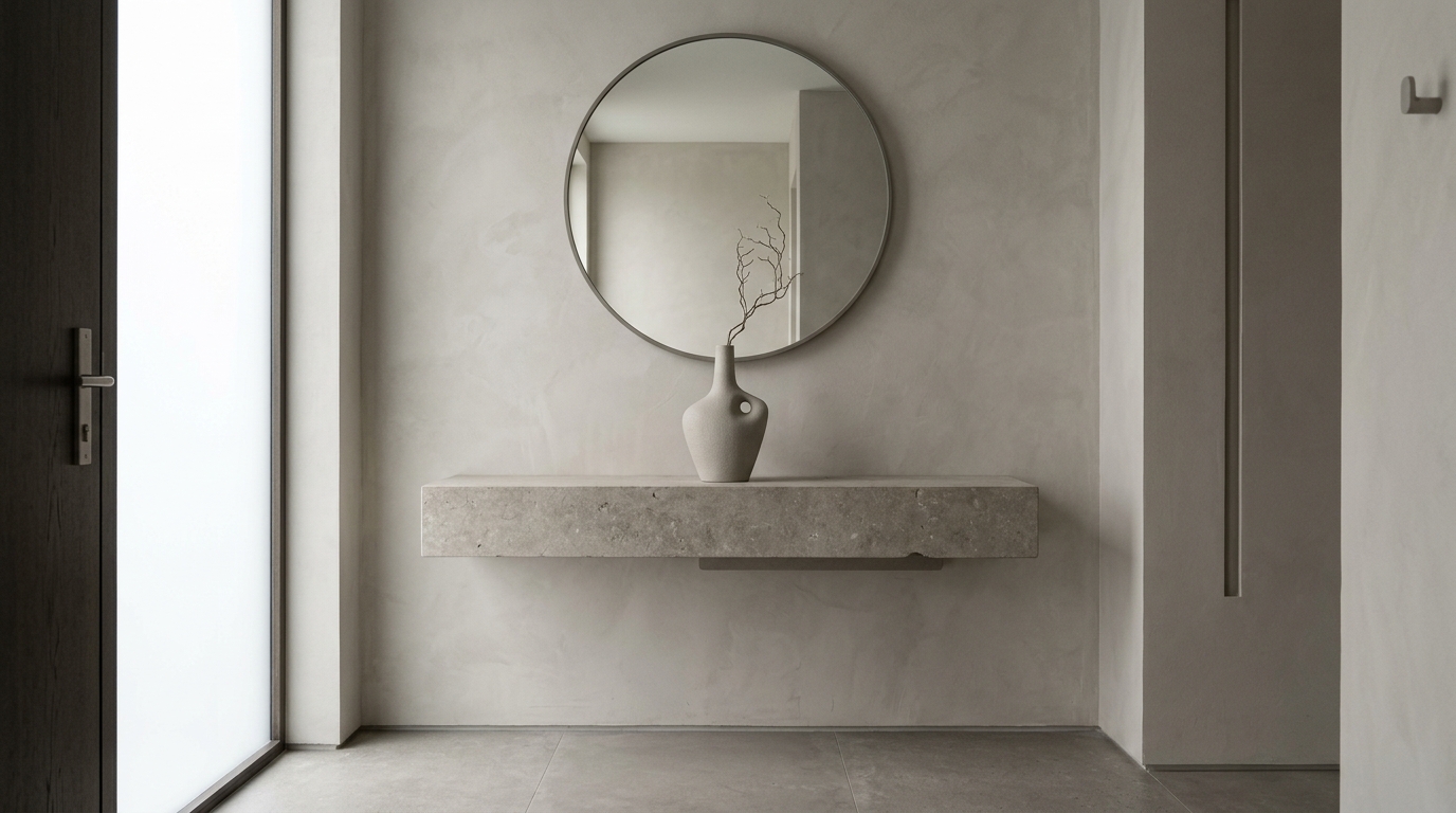 Modern narrow entryway ideas ideas using a monochromatic palette of warm greys and integrated cove lighting.