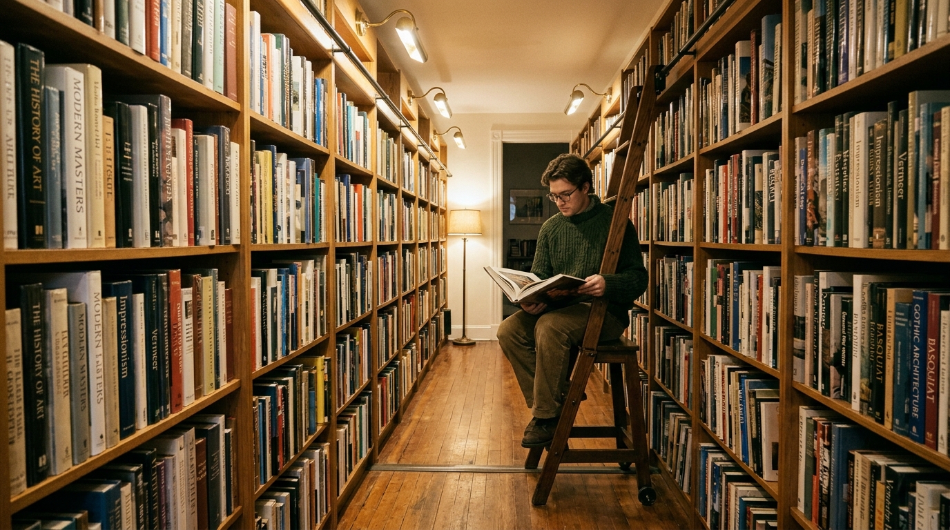 Narrow entryway layout with a built-in library wall featuring slim shelving for book collectors.