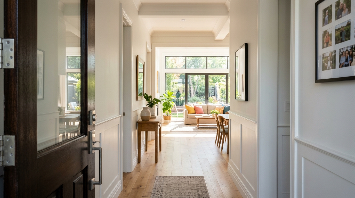 Final architectural perspective of a narrow entry leading into a bright open-plan living space with aligned sightlines.