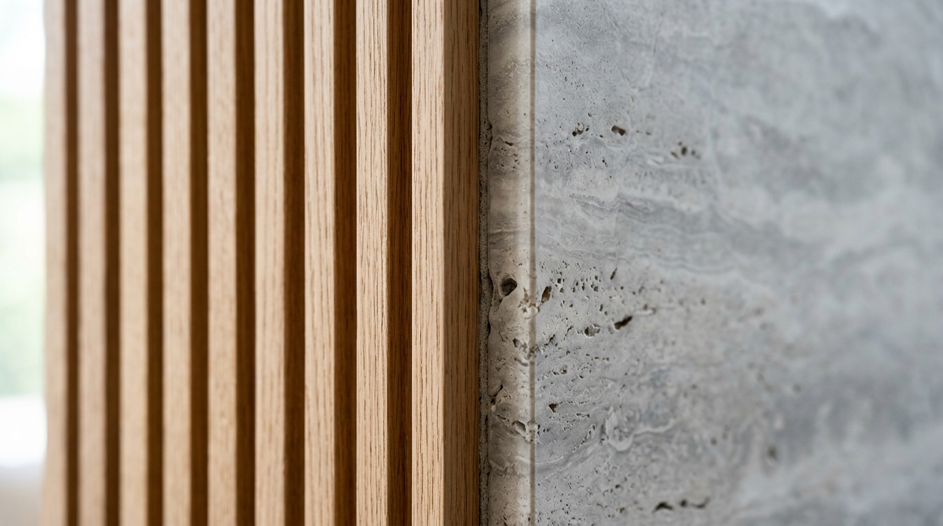 Close-up of tactile materials in a hallway including honed silver travertine stone and fluted wood wall panels.