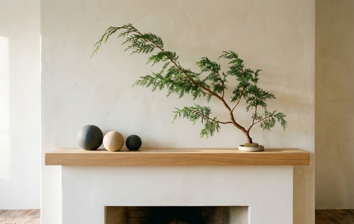 modern new christmas decorating ideas ideas featuring an asymmetrical cedar mantel arrangement on a lime-wash wall with matte ceramic spheres