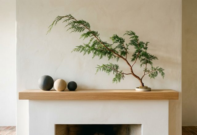 modern new christmas decorating ideas ideas featuring an asymmetrical cedar mantel arrangement on a lime-wash wall with matte ceramic spheres
