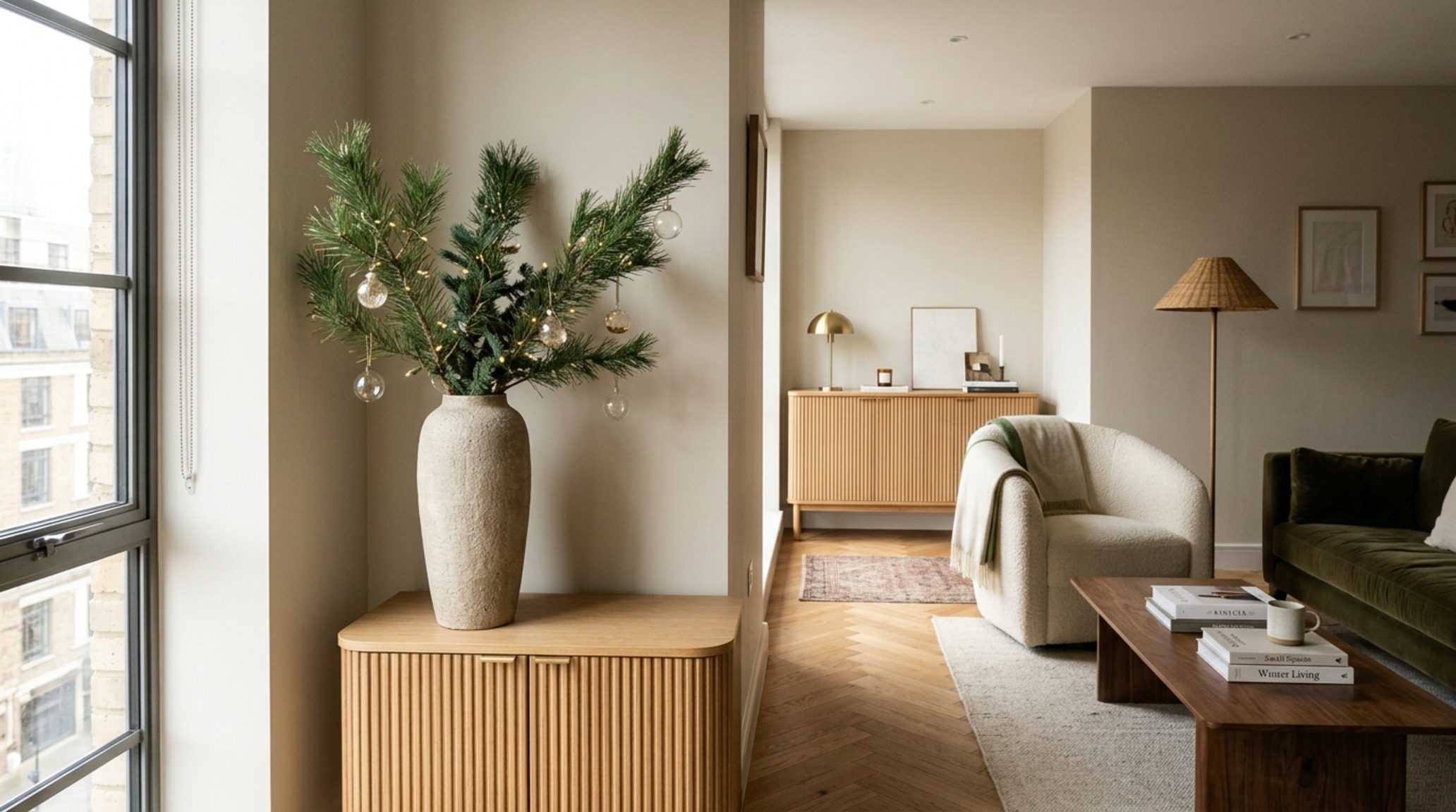 small space new christmas decorating ideas utilizing vertical evergreen branches in a heavy stoneware vase on a mid-century sideboard