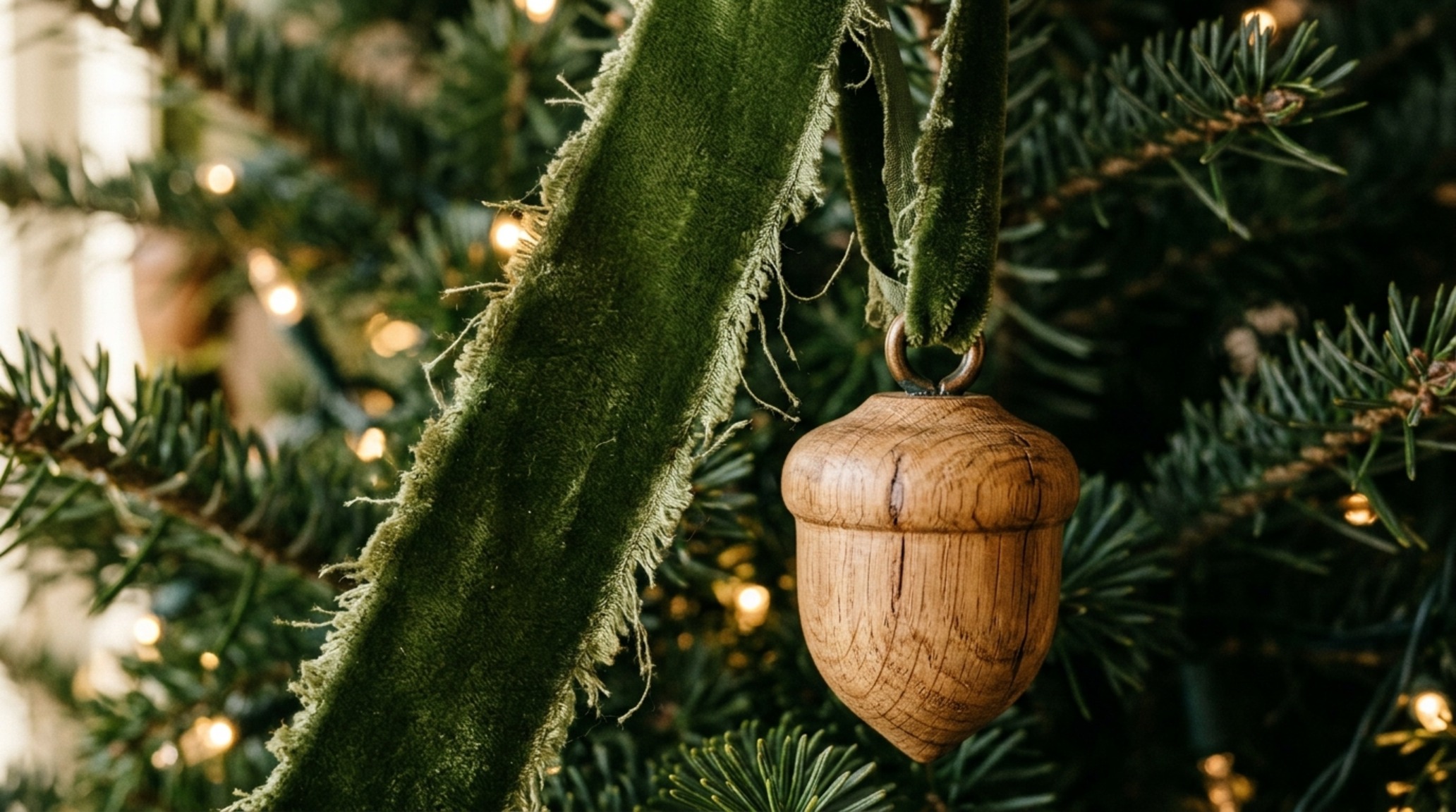 luxury new christmas decorating ideas textures showcasing silk velvet ribbons in moss green paired with raw white oak ornaments