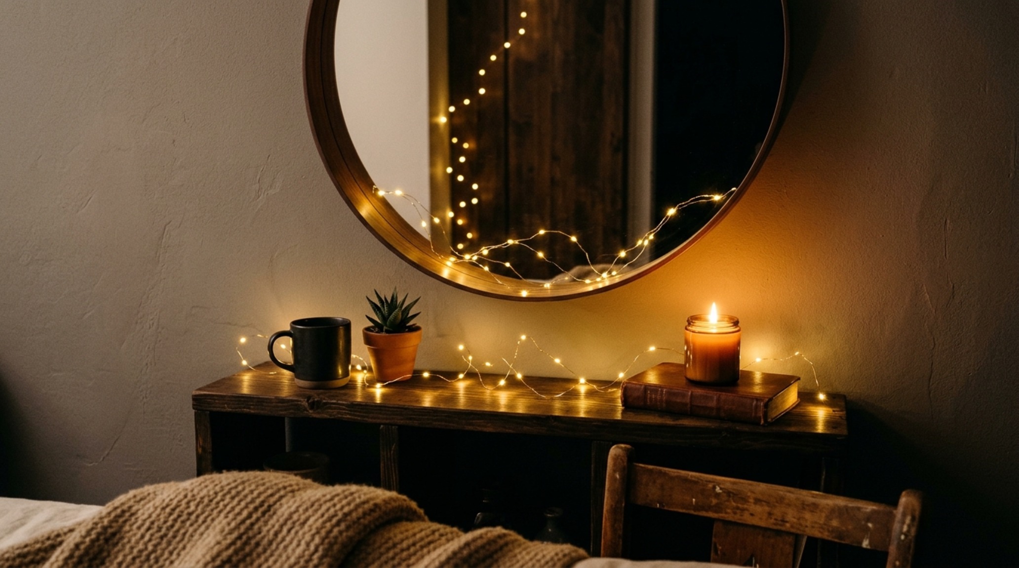 new christmas decorating ideas lighting guide illustrating 2700K warm-white micro-LEDs reflecting off a minimalist gold-framed mirror