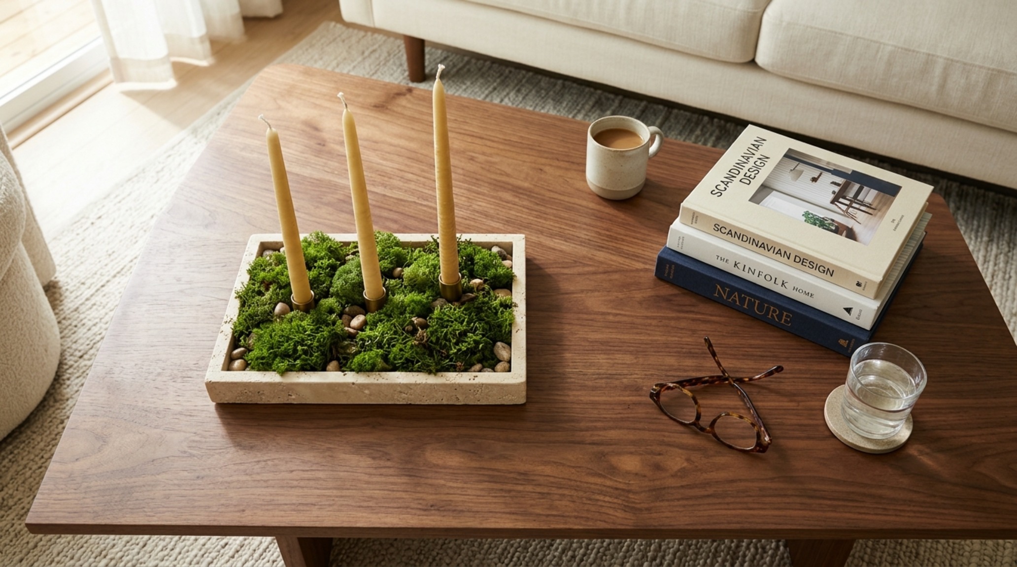 small space new christmas decorating ideas with a low-profile moss and taper candle centerpiece maintaining 18-inch coffee table clearance