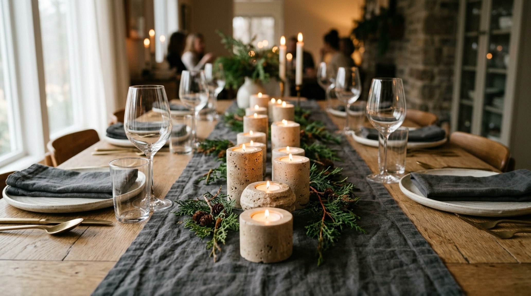 luxury new christmas decorating ideas textures including honed travertine tealight holders and Belgian linen table runners