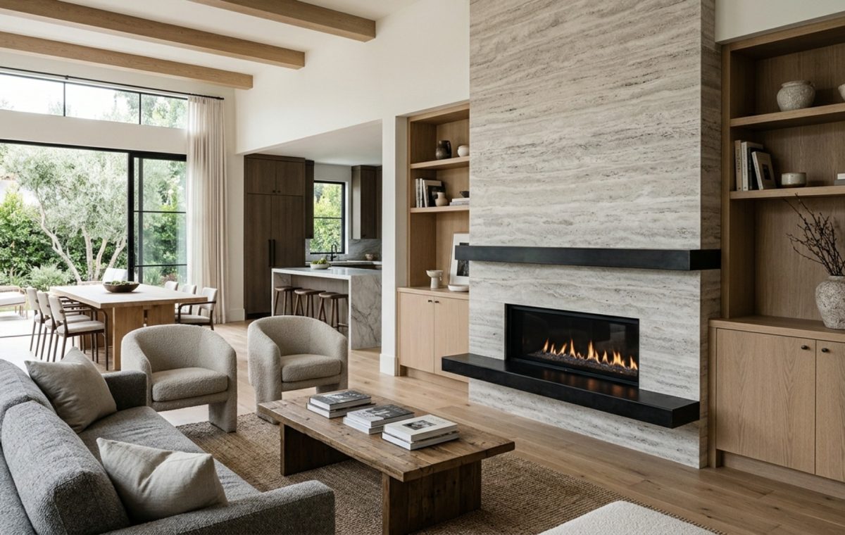 luxury open floor plan homes textures featuring a floor-to-ceiling fireplace clad in silver-veined travertine, set against rift-sawn white oak flooring and Belgian linen upholstery