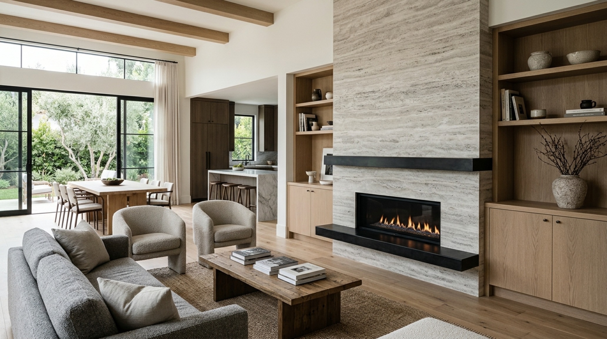 luxury open floor plan homes textures featuring a floor-to-ceiling fireplace clad in silver-veined travertine, set against rift-sawn white oak flooring and Belgian linen upholstery luxury open floor plan homes textures featuring a floor-to-ceiling fireplace clad in silver-veined travertine, set against rift-sawn white oak flooring and Belgian linen upholstery
