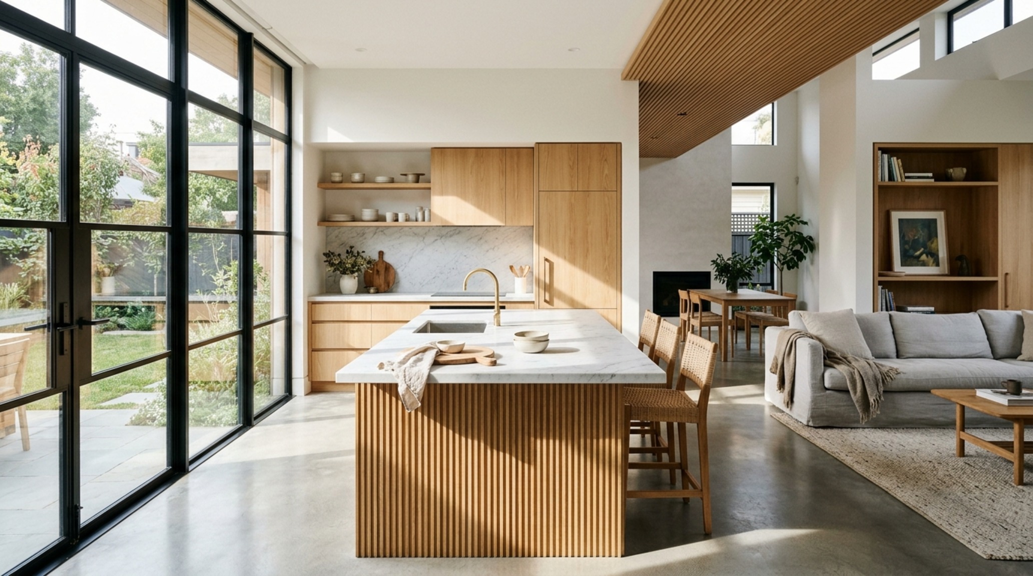 modern open floor plan homes ideas highlighting a kitchen island with a fluted oak base and honed marble countertop acting as a functional room divider modern open floor plan homes ideas highlighting a kitchen island with a fluted oak base and honed marble countertop acting as a functional room divider