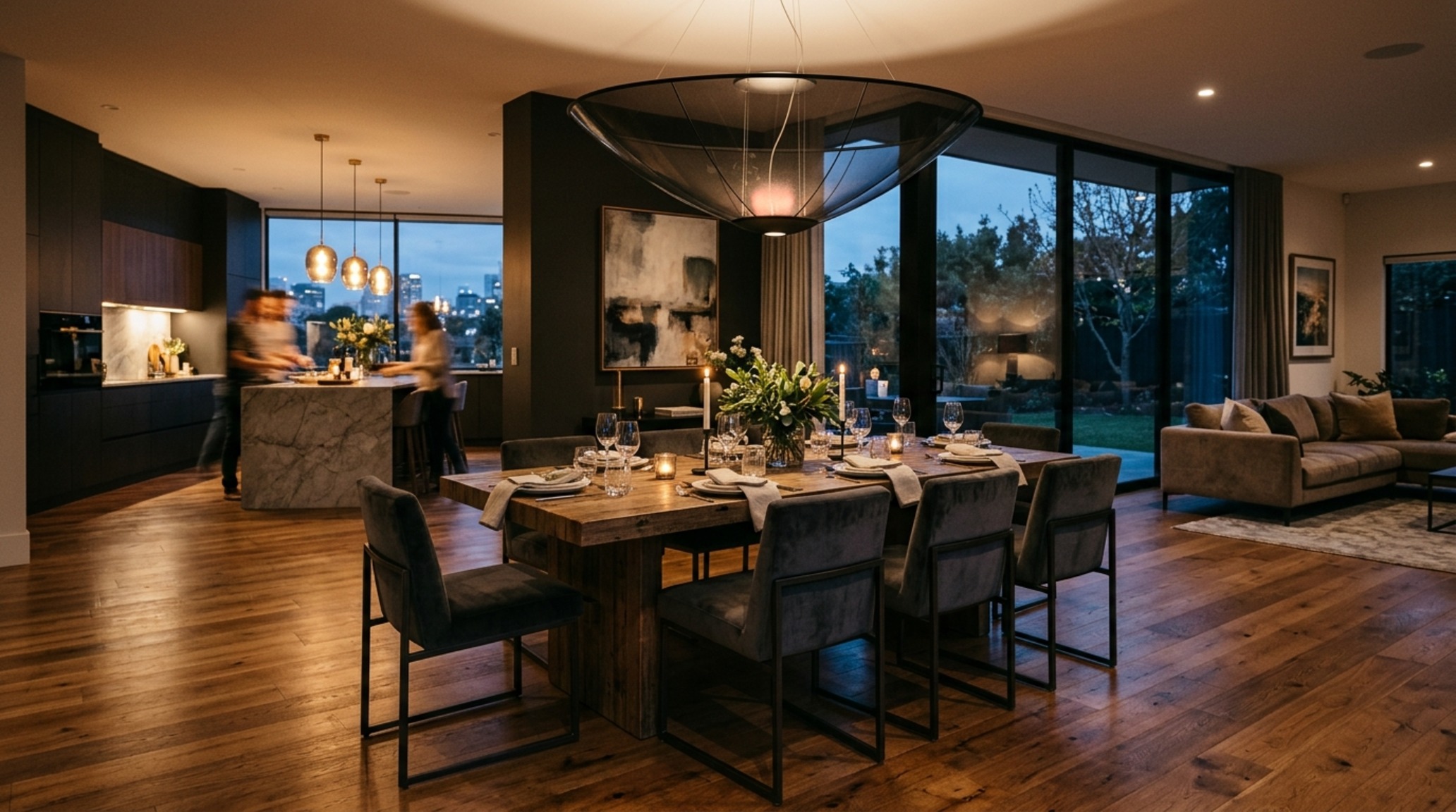 open floor plan homes lighting guide demonstrating the use of a low-slung oversized pendant over a dining table to create an intimate zone open floor plan homes lighting guide demonstrating the use of a low-slung oversized pendant over a dining table to create an intimate zone