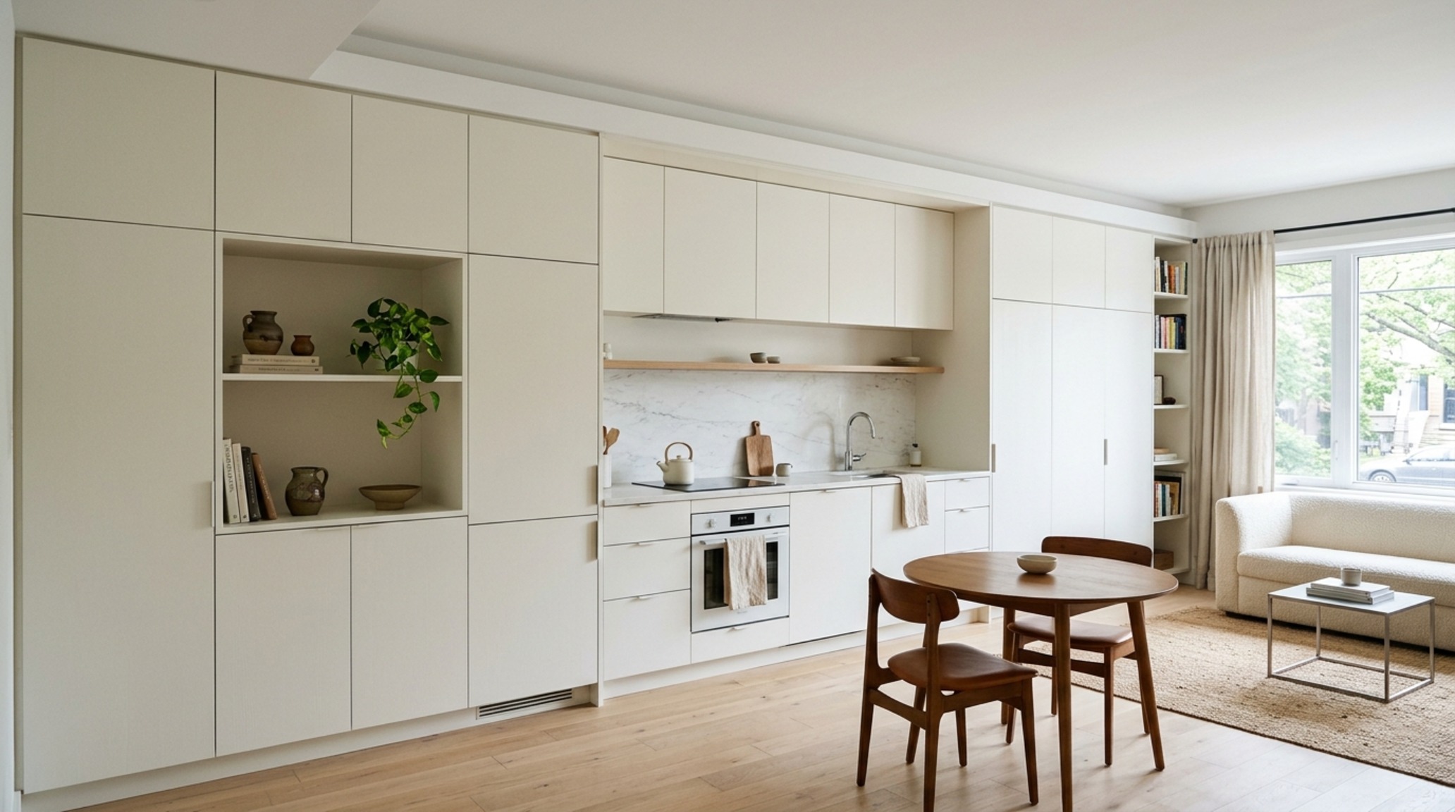 small space open floor plan homes featuring custom floor-to-ceiling cabinetry in Benjamin Moore Swiss Coffee for hidden storage small space open floor plan homes featuring custom floor-to-ceiling cabinetry in Benjamin Moore Swiss Coffee for hidden storage