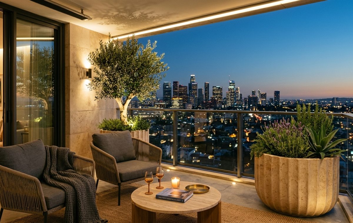 A luxury high-rise balcony at dusk featuring 2700K warm ambient lighting, fluted stone planters with olive trees, and sophisticated small apartment balcony ideas for modern urban living.