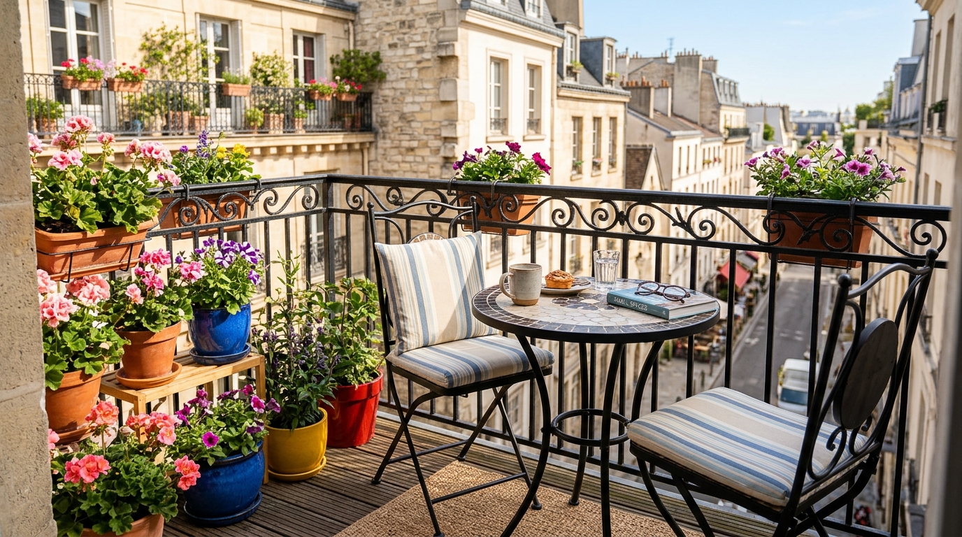 Morning sunlight hitting a bistro set on a small balcony with 30-inch chair clearances and vibrant flowering outdoor plants for patio. Morning sunlight hitting a bistro set on a small balcony with 30-inch chair clearances and vibrant flowering outdoor plants for patio.