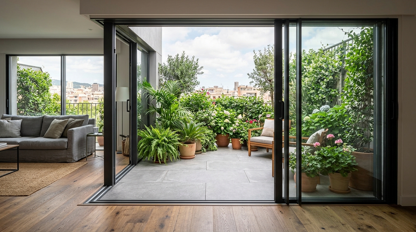 Seamless indoor-outdoor transition showing flush floor thresholds between a hardwood living room and a porcelain-tiled balcony. Seamless indoor-outdoor transition showing flush floor thresholds between a hardwood living room and a porcelain-tiled balcony.