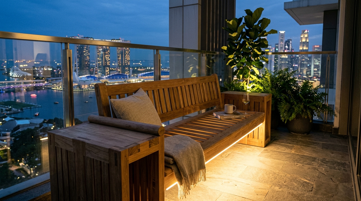 Luxury balcony detail featuring a custom-built weathered teak bench with integrated LED strip lighting at 2700K. Luxury balcony detail featuring a custom-built weathered teak bench with integrated LED strip lighting at 2700K.