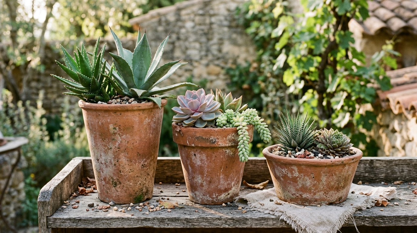 Architectural grouping of three different sized terracotta pots with varying textures, holding structural succulents and grasses. Architectural grouping of three different sized terracotta pots with varying textures, holding structural succulents and grasses.