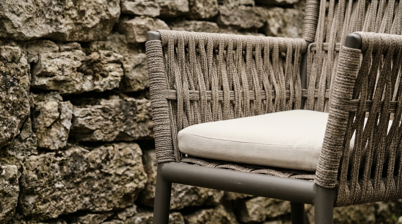 Tactile study of a woven rope outdoor lounge chair against a rough stone wall, highlighting diverse small space small apartment balcony ideas. Tactile study of a woven rope outdoor lounge chair against a rough stone wall, highlighting diverse small space small apartment balcony ideas.